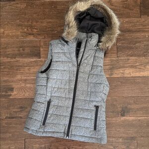 Banana Republic Gray Quilted Vest with Faux Fur Hood